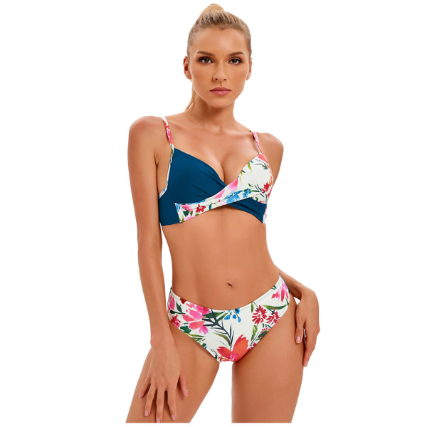 Bikinibaddräkt för kvinnor med blommönster med snörning V-ringad baddräkt i två delar, blå-3, XL