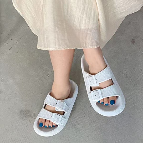 Unisex Comfort Soft Slides, Dubbelspänne Justerbara EVA Platta Sandaler, Lätta Slip on Husslippers（Vit）