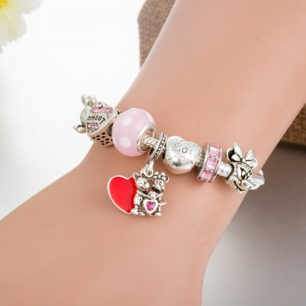 Kvinnors berlockarmband, hjärthänge Rosa pärlarmband, passar de flesta handleder, Alla hjärtans dag-present för kvinnor (storlek: 17 cm)