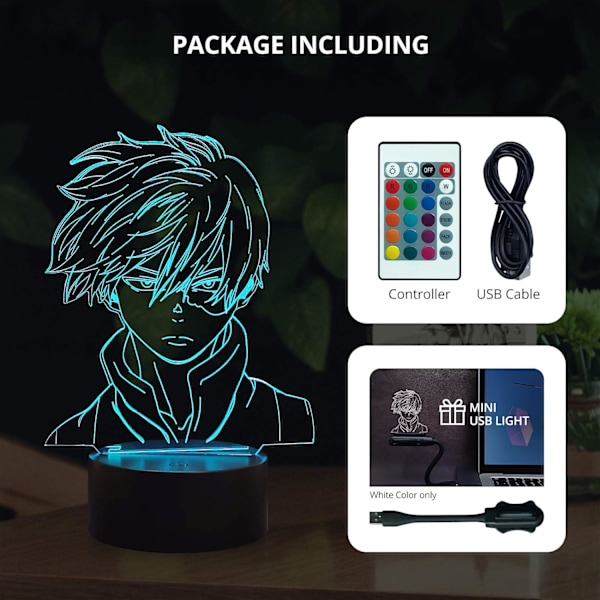 WJ 3D nattlampa Amine Figur Shoto Todoroki 16 Färg 4 Flash Läge Fjärrkontroll & Touch LED Illusion Sovrum Dekor Akryl Sängbord Skrivbordslampa My Hero Academia-C