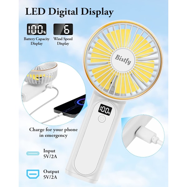 Kädessä pidettävä tuuletin, kannettava käsituuletin USB 5200mAh ladattava kokoontaitettava pöytätuuletin, erittäin hiljainen 6-nopeuksinen LED USB C kaulatuuletin, käsituuletin De white