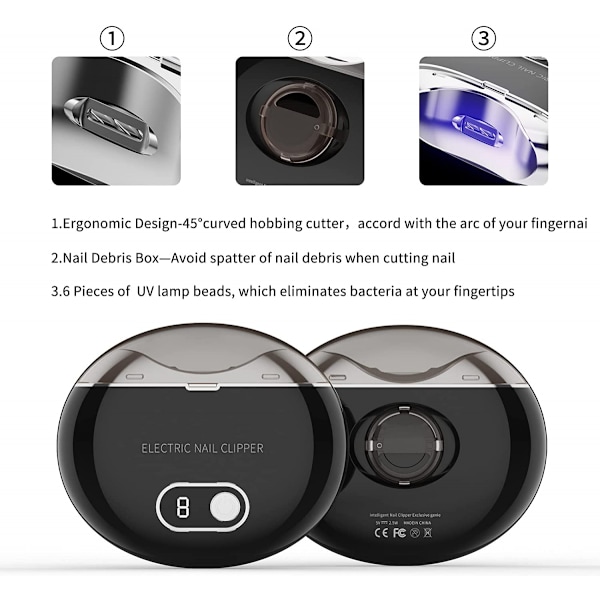 Elektrisk negleklipper Automatisk sikkerhed fingernegl cutter og filer Genopladelig negle trimmer neglesaks gave-sort