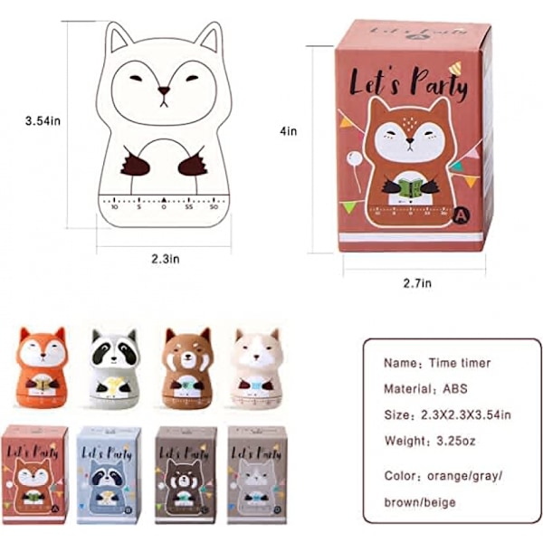 2-pack söt kökstimer, 100 % mekanisk timer för barn, 60 minuters äggtimer för matlagning/läsning/sport. (Räv och tvättbjörn)