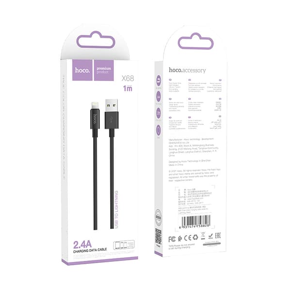 hoco. X68 äkta färg 2.4A laddningsdatakabel för iPhone Lightning nylonflätad kabel