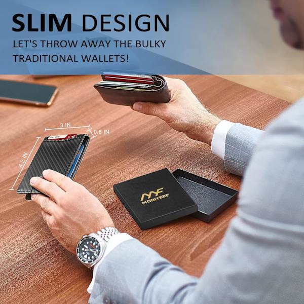 Pengklämma Plånböcker för Män - Minimalistisk Slim Plånbok för Herrar för Framfickan - Bifold Läderplånbok med RFID-Blockeringsskydd ID W