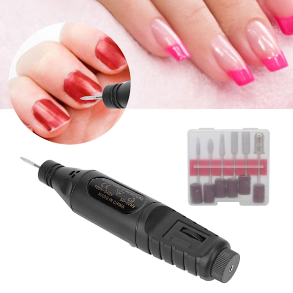 USB Elektrisk Nagelfräsmaskin Bärbar 6 Polerhuvuden Manikyr Poleringsverktygssats Svart