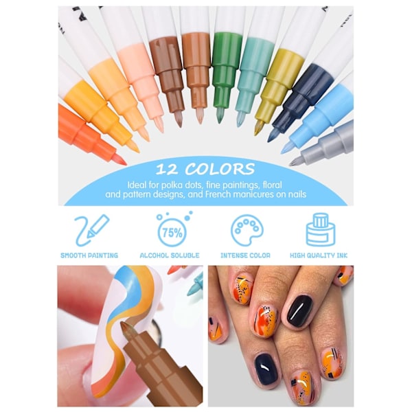 12 Färger 3D Nagelkonst Pennor Set, Kalolary Nagel Pennor Nagel Punkt Graffiti Prick Penna Ritning Målning Liner Borste för DIY Nagelkonst B