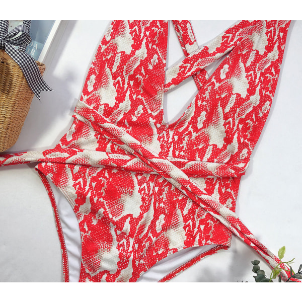 Sexig Tie Criss Cross Plunge En Delig Baddräkt Hög Skuren Brasiliansk Baddräkt, Röd-1, S