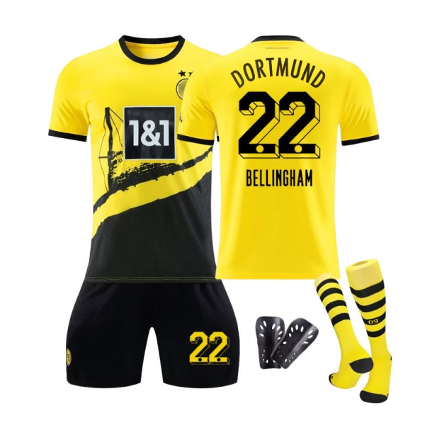 23/24 Dortmund Hjemmebørns Fodboldtrøjesæt med Strømper og Beskyttere 22 BELLINGHAM XL