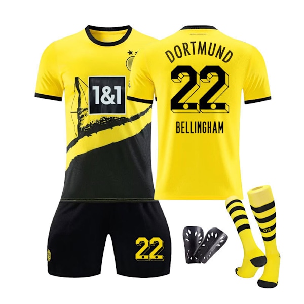 Dortmund Hjemmebørnesæt til fodbold med sokker og beskyttere 23/24 22 BELLINGHAM barnstorlekar20
