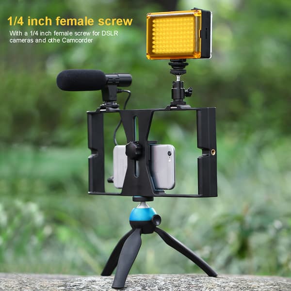 PULUZ Smartphone Video Rig + LED Studio Lys + Video Mikrofon + Mini Stativ Sæt