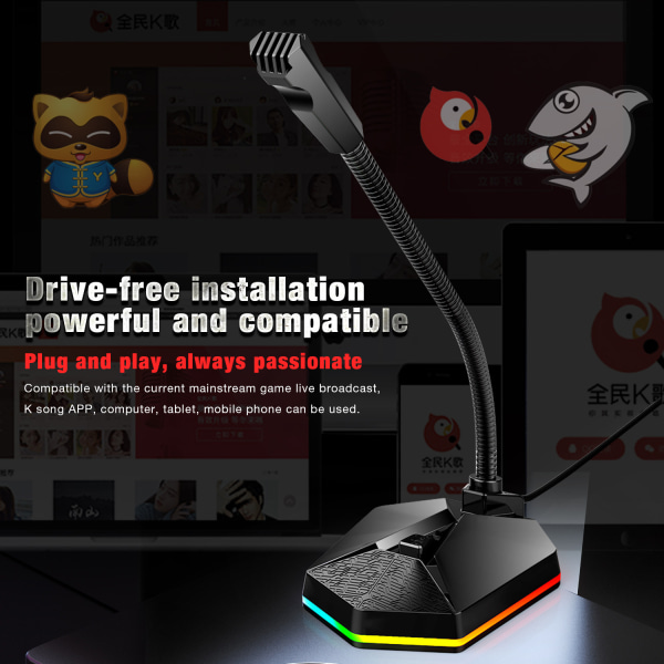 USB-skrivebords mikrofon, RGB lysende bøyelig mikrofon, plug and play kondensator, stemmechat, videokonferanse mikrofon