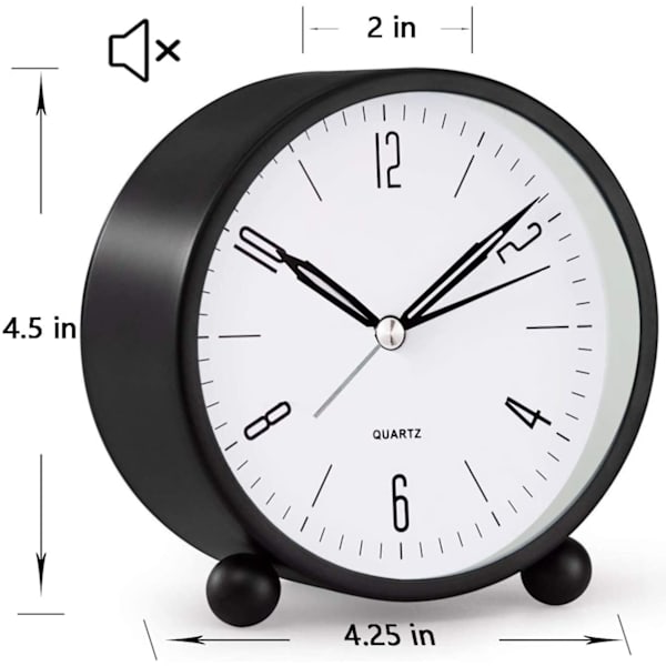 Analog väckarklocka, 4 tum Super tyst icke-tickande liten klocka med nattlampa, batteridriven, enkel design, för sovrum, sängar