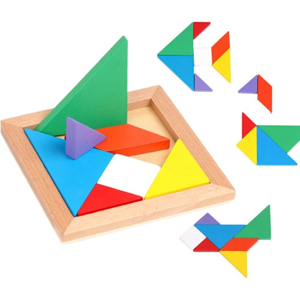 3 Otter Træ Tangram Puslespil, 4 Pakke Uddannelsesmæssige Tangram Former Puslespil Legetøj til Børn og Voksne, STEM Montessori Trælegetøj, Bra