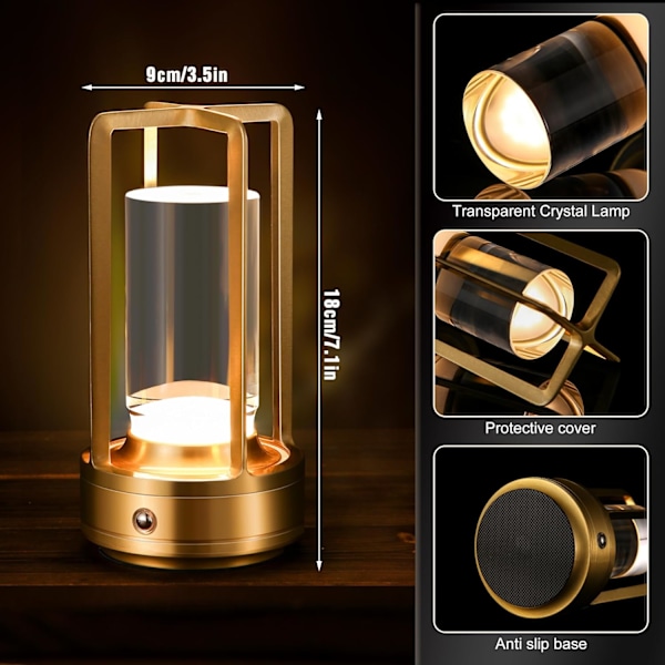 Portabel Metallbordslampa för Inomhus/Utomhusbruk, Uppladdningsbar Sladdlös LED-lampa, 3-Färgs Steglös Dimning Batteridriven Liten Skrivbordslampa Gold