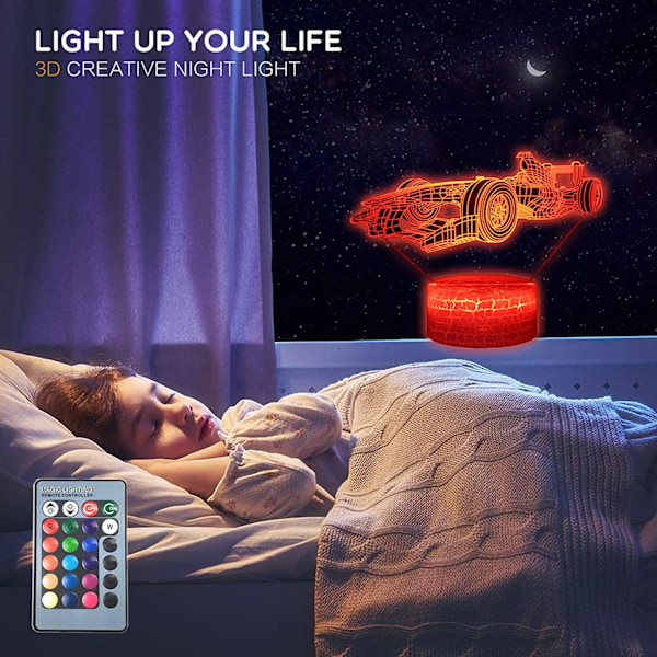Formula F1 Race Sportbil Roadster Illusion LED Bordlampa Dekoration Nattlampa med 16 Färger Touch & Fjärrkontroll Sovrumsdekorationer Leksaker