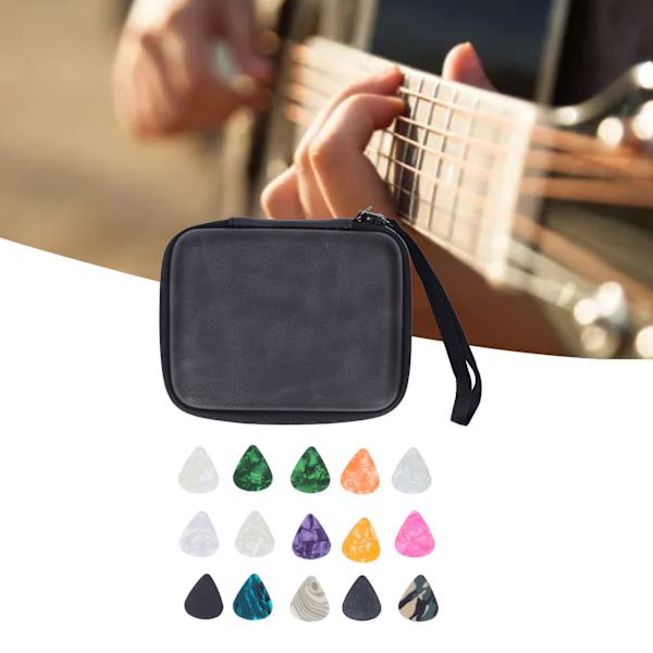 Guitar Pick Bag Sæt Celluloid Picks Opbevaringspose Holder Etui PU Læder til Instrument Tilbehør Sort