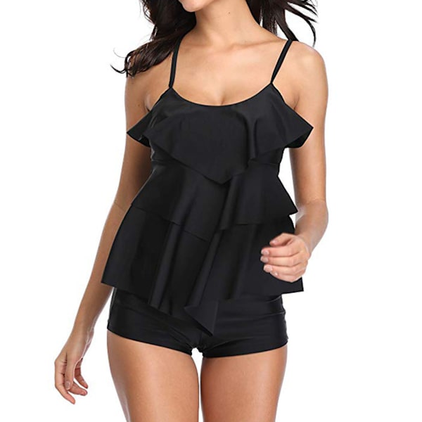 Kvinnors Tankini Badkläder Två Delar Mage Badkläder Volang Bad Tank Top med Pojk Shorts Badkläder (svart)L
