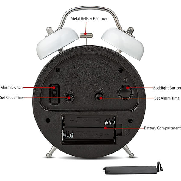 Analogt vækkeur 4\" dobbelt klokke sort lydløs ikke-tikkende kvarts batteridrevet ekstra højt med baggrundsbelysning til sengebord, retro (hvid)