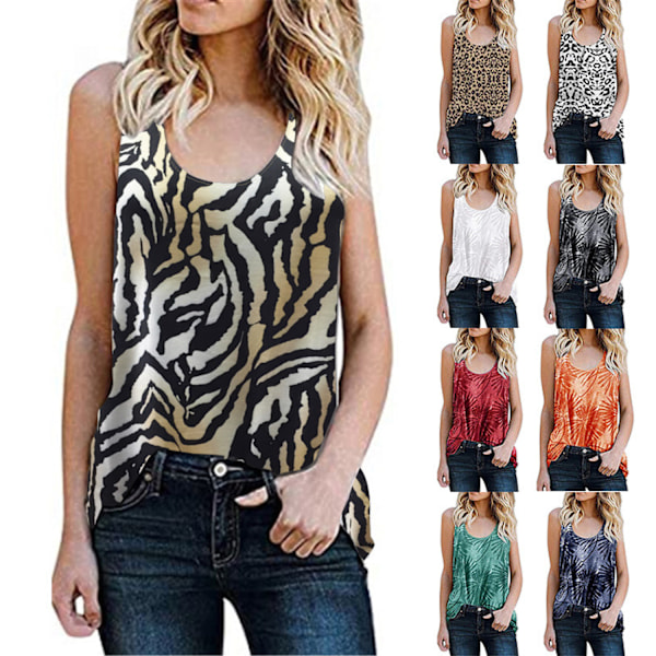 Kvinder Sommer U Hals Boho Blomster Print Tank Top Casual Ærmeløs Skjorter Camis, Sort og Hvid Leopard（L）
