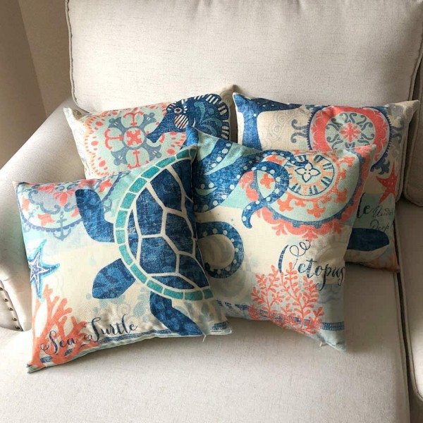 Meriteemallinen Neliönmuotoinen Tyynynpäällinen Välimeren Tyylissä Dekoratiivinen Puuvillapellava Heittotyyny Rannikon Tyynynpäällinen Sarja 18 X 18 Tuumaa Tyynynpäällisiä, 4 Pakkausta Merellinen