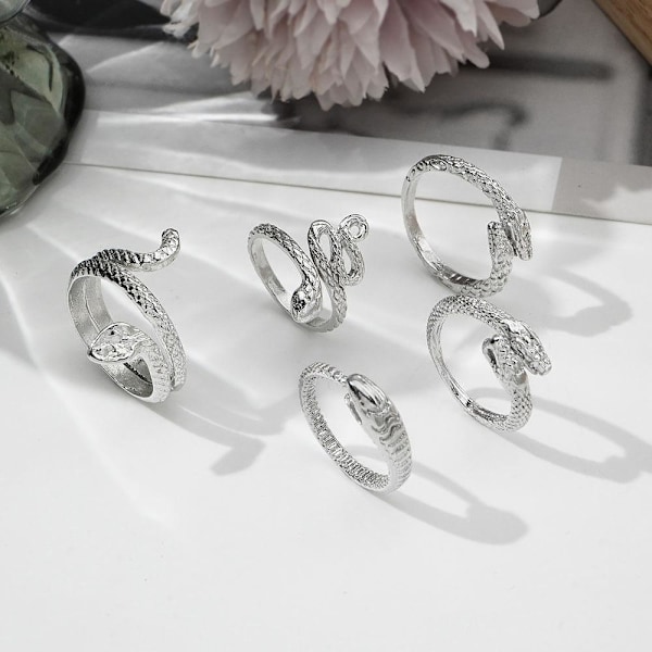 5 st Ormringar Set Ouroboros Wrap Öppna Ringar Stackbara Djurringar Justerbara Knogringar för Män och Kvinnor (Guld)