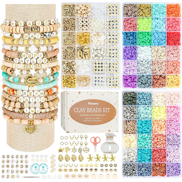 Lera Pärlor 3 lådor Armband Tillverkning Kit, 10500 st Pärlor för Smyckestillverkning, Runda Bokstavspärlor med Berlock och Elastiska Snören, Vän Gold