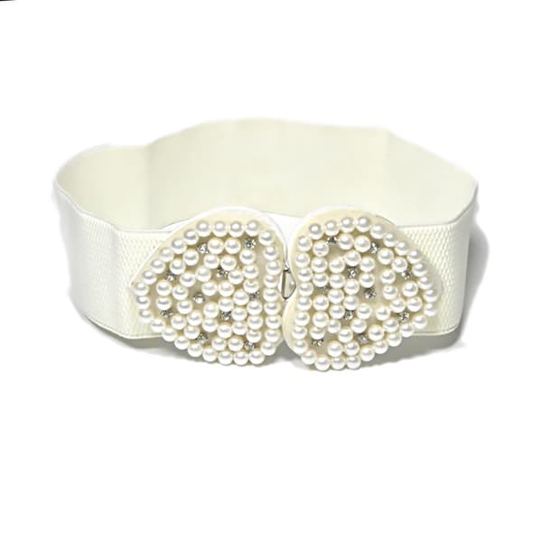 Hjerteformet design imiteret perle rhinestone dekor bælter til kvinder elastisk, bomuld, hvid