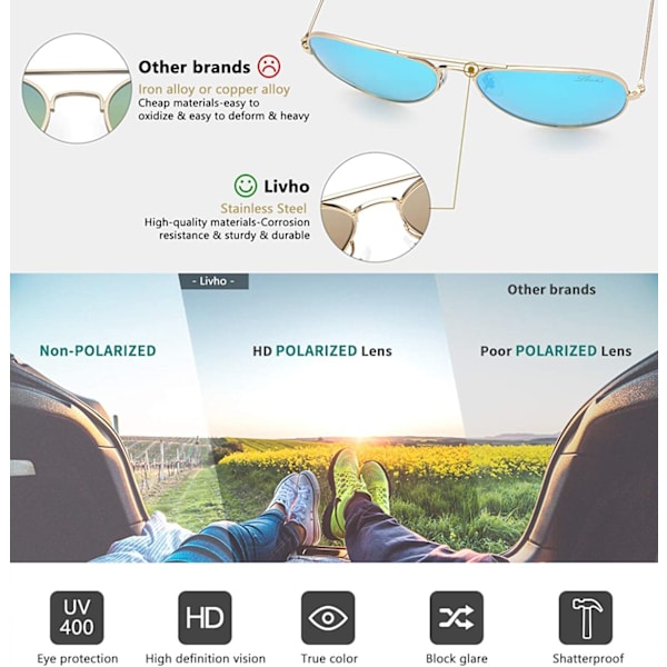 Klassiske polariserede Aviator solbriller UV spejlede linser metal retro nuancer