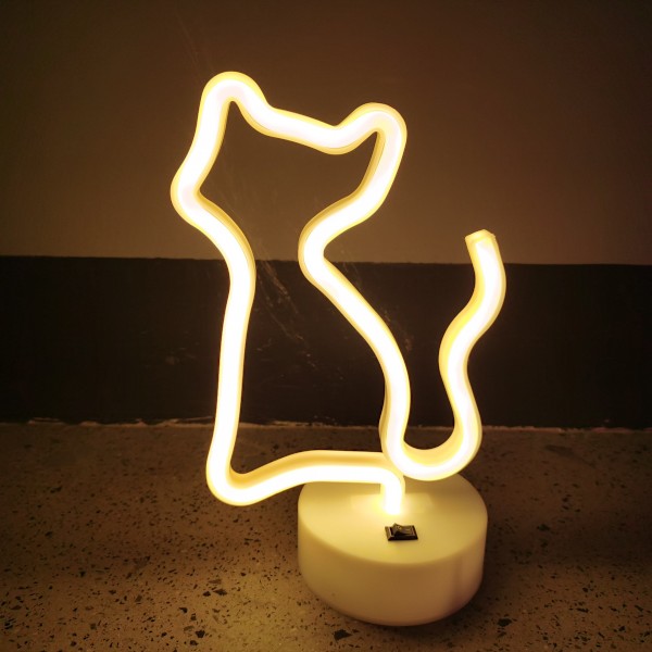 LED-neonkyltit seinäkoristeeksi, kissan yövalot lamput taidekoristeeksi, USB- tai paristokäyttöinen, sängynpäätykoriste pöytävalaisin (lämmin valkoinen)