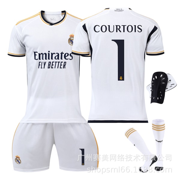 23-24 Nytt Real Madrid Hemma Barn Vuxen Fotbollströja Kit med Strumpor och Knäskydd-1 COURTOIS-24# 1 COURTOIS 24#