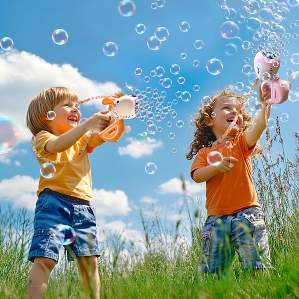Bubbelmaskingevär med Ljus och Musik, Portabel 360° Läcksäker Automatisk Bubbelmaskin för Barn Småbarn 1-3 4-8 Fester, Bubbl pink