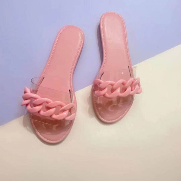 Kvinnersandaler Strand Åpen Tå Flateslippers Transparent  Mote Fargerik Kjede Klar Slide Flip Flops Slip on Utendørs Strand ----- Rosa （Størrelse 42）