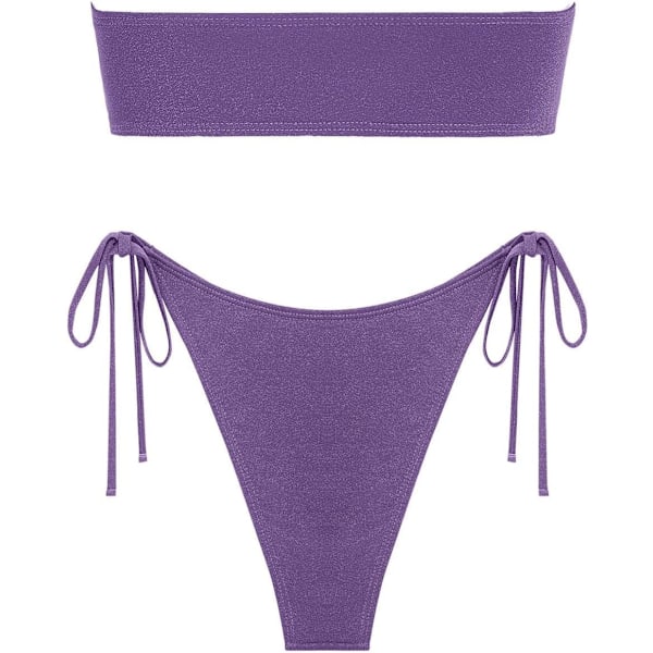 Dam Bandeau Bikini Set Tie Side Badkläder O Ring Cinched Strapless Baddräkt Halter Tvådelad Baddräkt 446_purple Metalic L