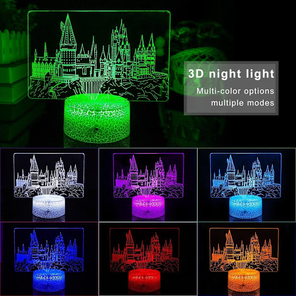 3D nattlys, slottlampe (3 mønstre), 7 farger endringsdekorlampe med fjernkontroll, demp, timer, magiske gaver til gutt barn jenter jul bursdag