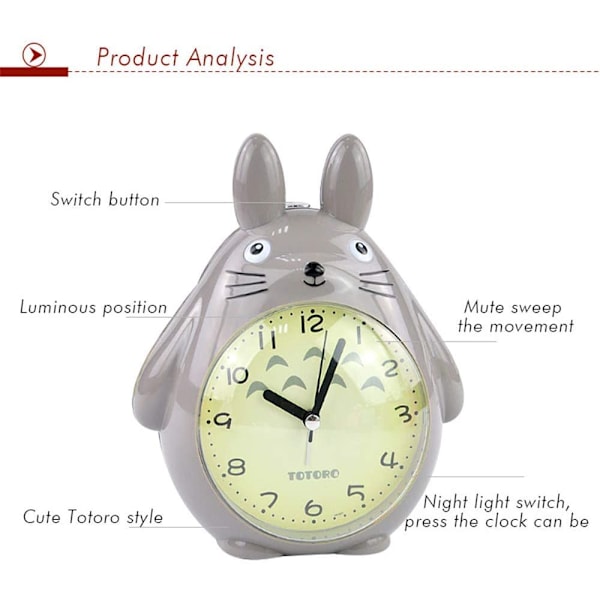 Til Totoro-tema, Snooze-funktion, lydløs og LED-natlys-ur - Den bedste gave til børn, teenagere og venner, Grå