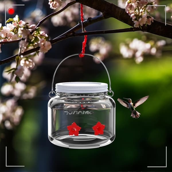 Mason Jar Kolibri Foderautomat med 2 Silikone Blomsterporte Vildfuglefoderautomat Krukke til Udendørs Ophængning til Udendørs Ophængning Have