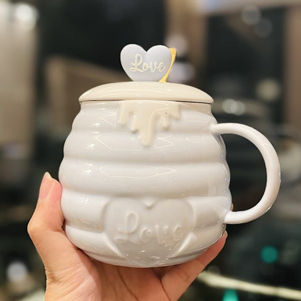 400 ml Mehiläis-Muki, söpö 3D-reliefi, keramiikka, luova keittiö- ja toimistokahvi- ja maitojuomamuki kannen ja lusikan kanssa (vaaleansininen)