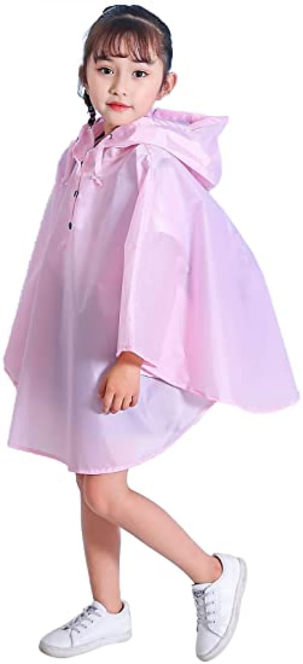 Barne regnponcho med hette, regnfrakk, lys rosa, L