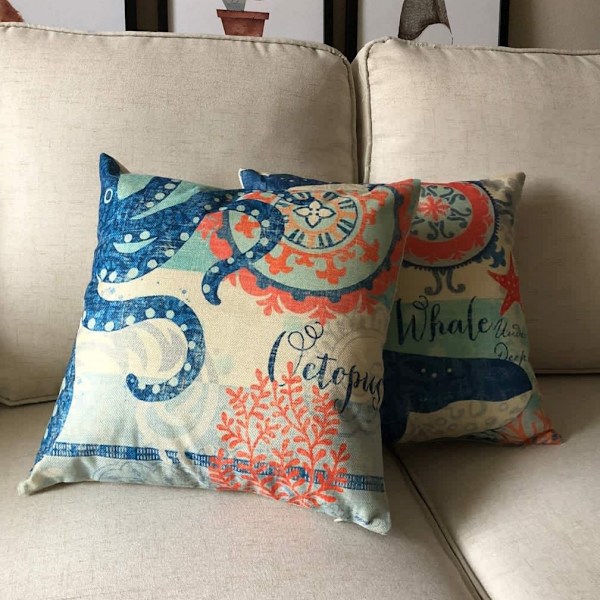 Meriteemallinen Neliönmuotoinen Tyynynpäällinen Välimeren Tyylissä Dekoratiivinen Puuvillapellava Heittotyyny Rannikon Tyynynpäällinen Sarja 18 X 18 Tuumaa Tyynynpäällisiä, 4 Pakkausta Merellinen