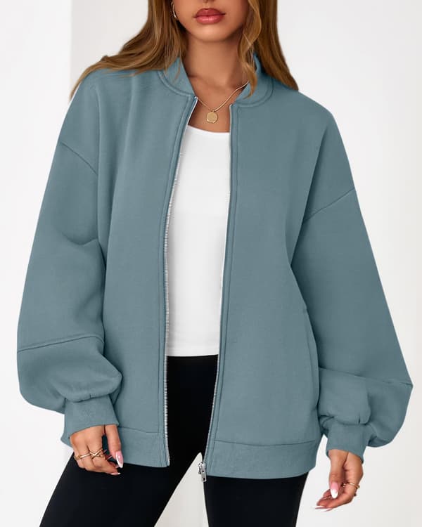 Oversized Sweatshirt med Lynlås, Dame Bomber Jakke Overtøj til Vinter Afslappet Outfit Grey Blue Medium