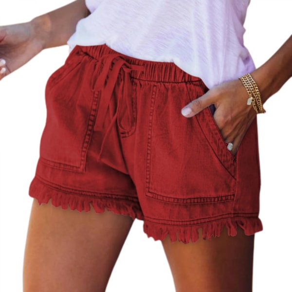 AVEKI Jeansshorts för kvinnor för casual sommar Mid midja Frayed Stretchy Ripped --- Röd （Storlek 2XL）