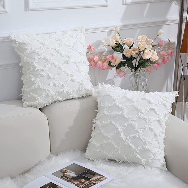 Off White Dekorative Putetrekk 18 x 18 Tommers Pakke med 2 Boho Pynteputer til Sofa og Sofa, 100% Bomull