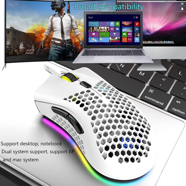 Lättviktig spelmus med sladd, cellulär design, bärbar mus med RGB-bakgrundsbelysning, USB-port, 7200 DPI, datormus för Windows Mac Laptop, vit
