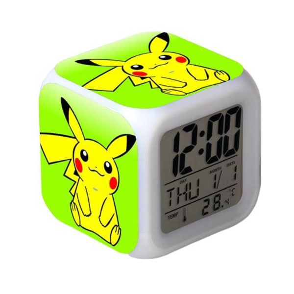 Pikachu Fargerik Vekkerklokke LED Kvadratisk Klokke Digital Vekkerklokke med Tid, Temperatur, Alarm, Dato