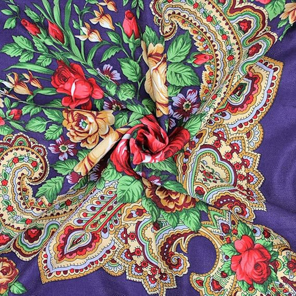 Damtraditionell Sjal Wrap med fransar Sjal Hals Huvud Sjal Retro Sjal Blommig Poncho Tryckt Sjal, Mörk Violett