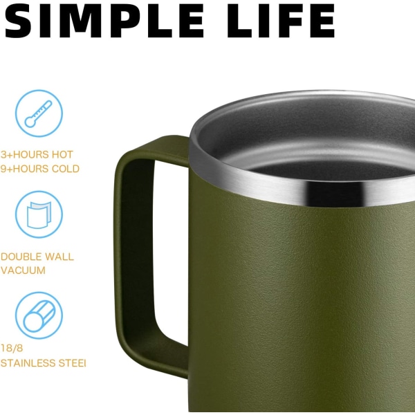 12oz Kaffeemugg Med Handtag Och Glidande Lock, Rostfritt Stål Resmugg Med Handtag, Dubbelvägg Vakuumisolerad Campingmugg (Grön)