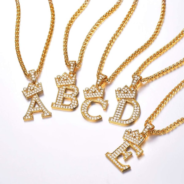 Krona Initial A-Z Halsband, Iced Out Letter Hänge med 22-24 Tums Kedja, Män Kvinnor Bling Hip Hop Alfabet Namn Smycken Present Stor In H 18K Gold