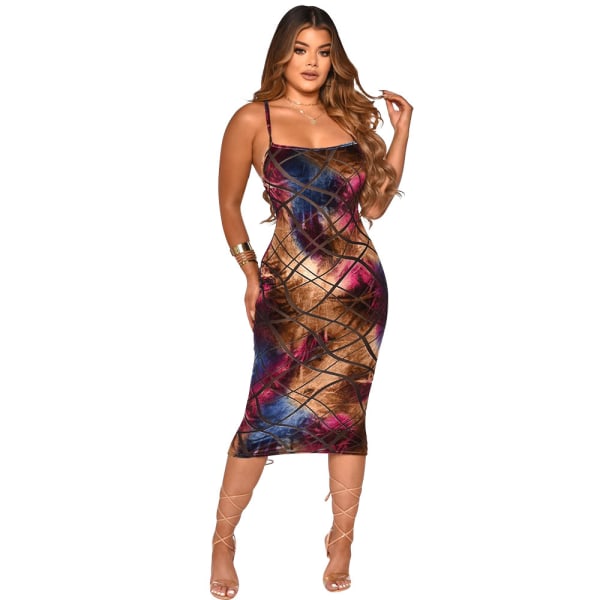 Kvinnors Sommar Spaghetti Rem Sexy Ärmlös Rygglös Bodycon Festklänning Cocktailklänning (Polychrome L)