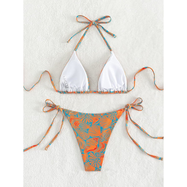 Kvinnors Halterneck Tie Side Triangle Bikini Set Hög Skuren 2 Delad Bikini Baddräkt Allover Print M